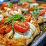 Baked Caprese Chicken, featuring tender chicken topped with vibrant halved cherry tomatoes, creamy slices of fresh mozzarella, drizzled with balsamic glaze, and garnished with fresh basil leaves