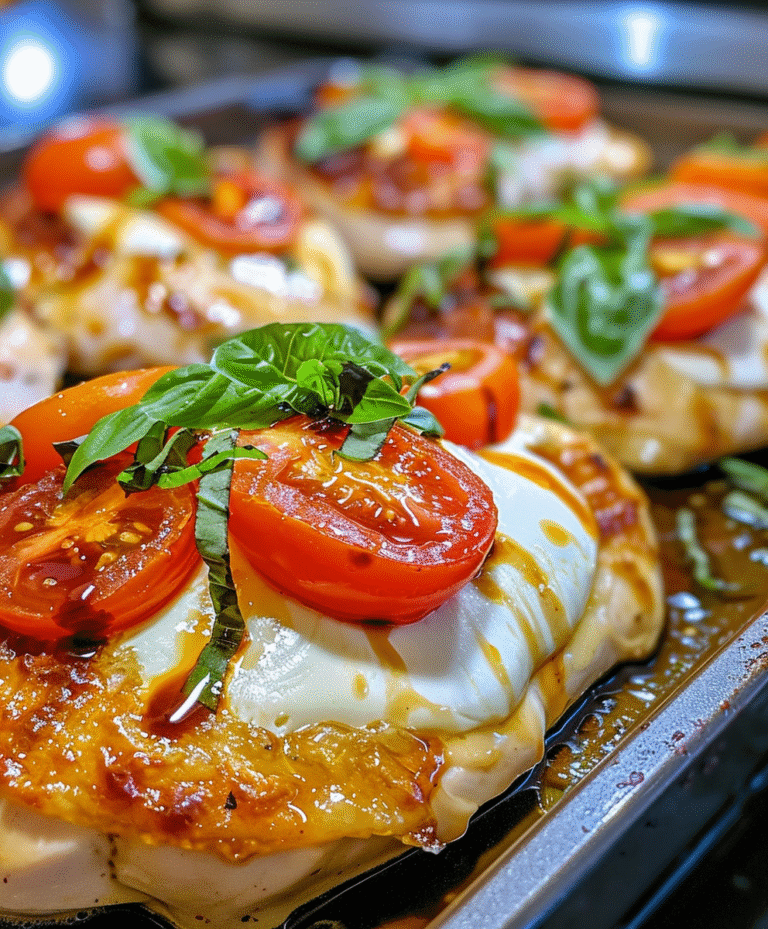 Baked Caprese Chicken, featuring tender chicken topped with vibrant halved cherry tomatoes, creamy slices of fresh mozzarella, drizzled with balsamic glaze, and garnished with fresh basil leaves
