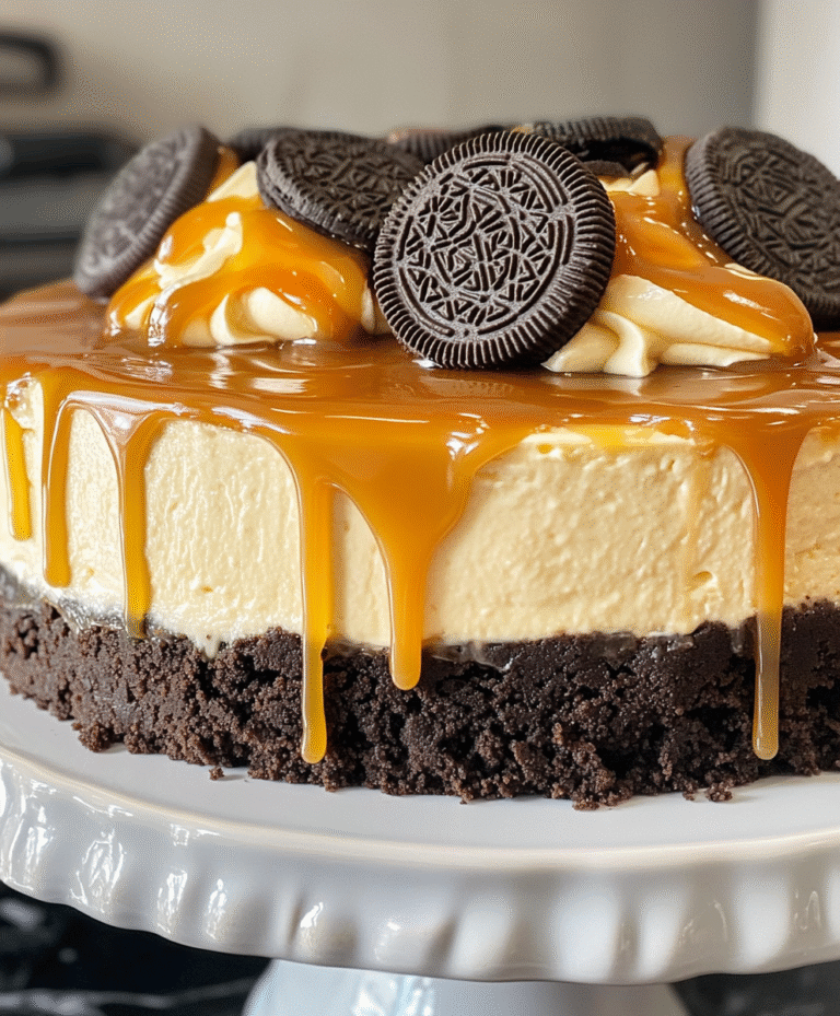 Caramel Oreo Cheesecake, featuring layers of creamy caramel cheesecake and rich chocolate Oreo crust, topped with drizzles of luscious caramel and adorned with whole Oreo cookies.