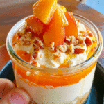 Jar Cheesecake with mascarpone, white chocolate, and peach compote