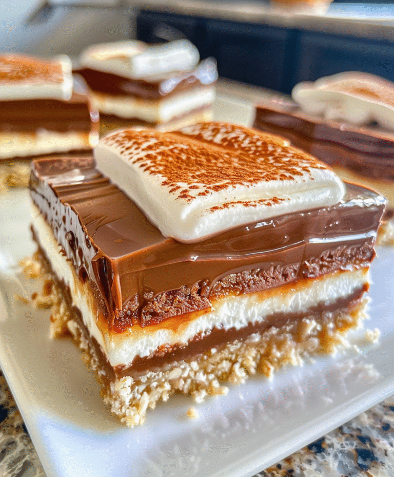 Mars Bars on biscuit base with creamy whipped marshmallow topping, rich chocolate glaze, and a delightful crunch from the biscuit layer