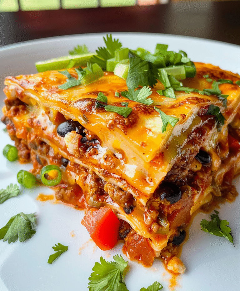 Mexican lasagna layered with ground beef, black beans, cheese, tortillas and drizzled with cilantro lime dressing
