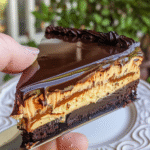 No Bake Cake with a delicious creamy filling, layered with rich chocolate and topped with a glossy ganache