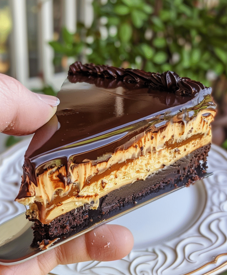 No Bake Cake with a delicious creamy filling, layered with rich chocolate and topped with a glossy ganache