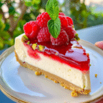 RASPBERRY PISTACHIO CHEESECAKE WITH RASPBERRY SAUCE AND TOASTED PISTACHIOS