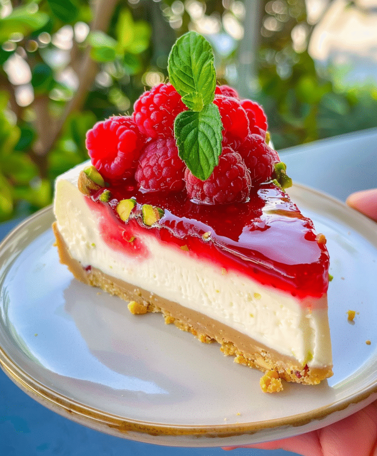 RASPBERRY PISTACHIO CHEESECAKE WITH RASPBERRY SAUCE AND TOASTED PISTACHIOS