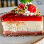 Raspberry Pistachio Cheesecake with a glossy jelly topping and a crunchy sprinkle