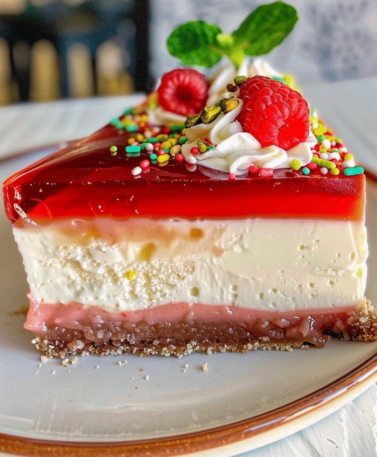 Raspberry Pistachio Cheesecake with a glossy jelly topping and a crunchy sprinkle