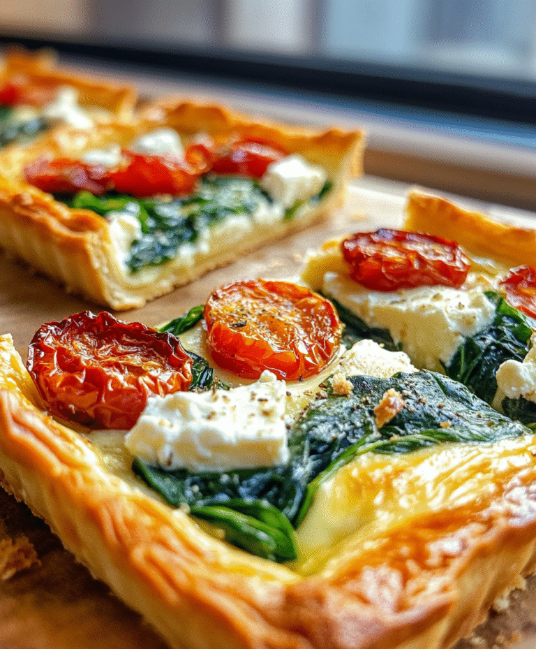 Spinach Tart with Feta and Sun-Dried Tomatoes, drizzled with a herby yogurt sauce, flaky golden crust, vibrant greens, and a delightful blend of flavors that makes it irresistibly delicious.