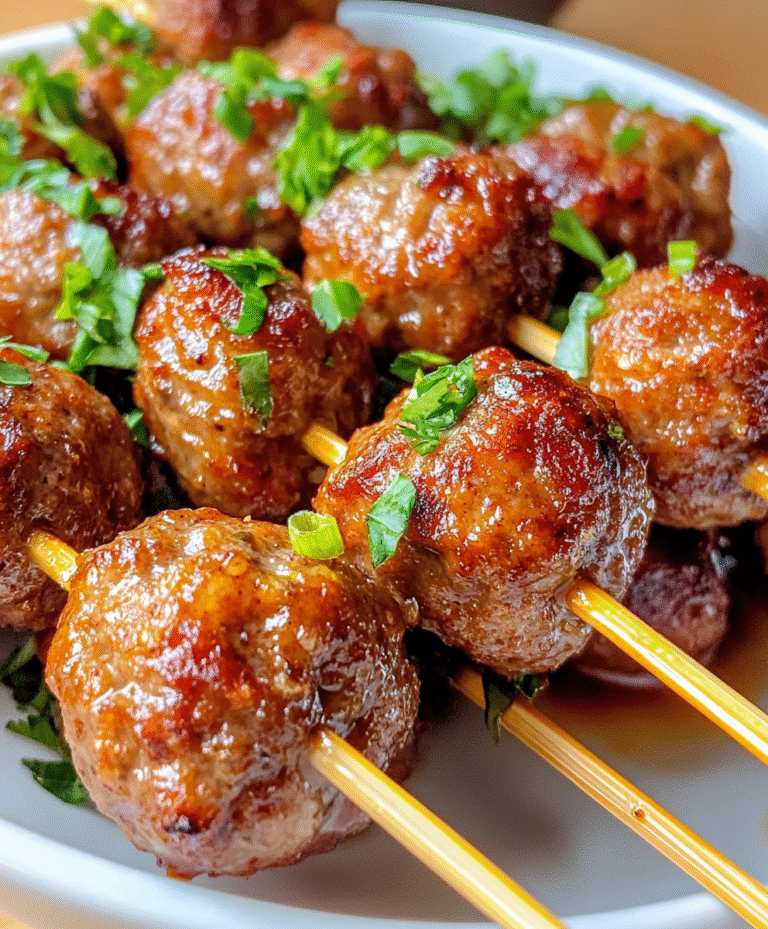 homemade French style cocktail meatballs on skewers, served with a rich garlic sauce.
