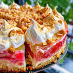 homemade Rhubarb Cake with a fluffy meringue topping and a crunchy nut crumble