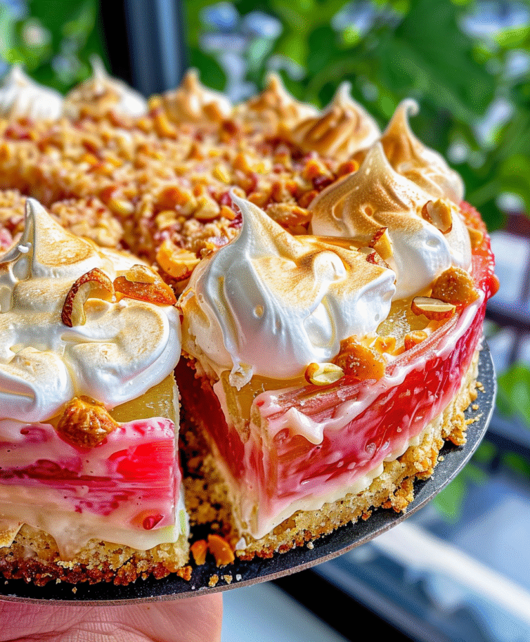 homemade Rhubarb Cake with a fluffy meringue topping and a crunchy nut crumble
