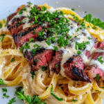 homemade fettuccine Alfredo topped with sliced steak, garlic cream sauce and melted Gorgonzola cheese