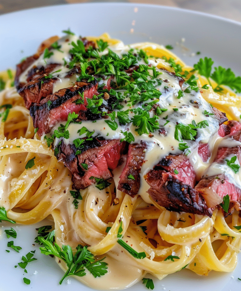 homemade fettuccine Alfredo topped with sliced steak, garlic cream sauce and melted Gorgonzola cheese