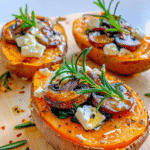 homemade sweet potatoes filled with spinach, mushrooms, feta and rosemary, topped with garlic lemon yogurt drizzle