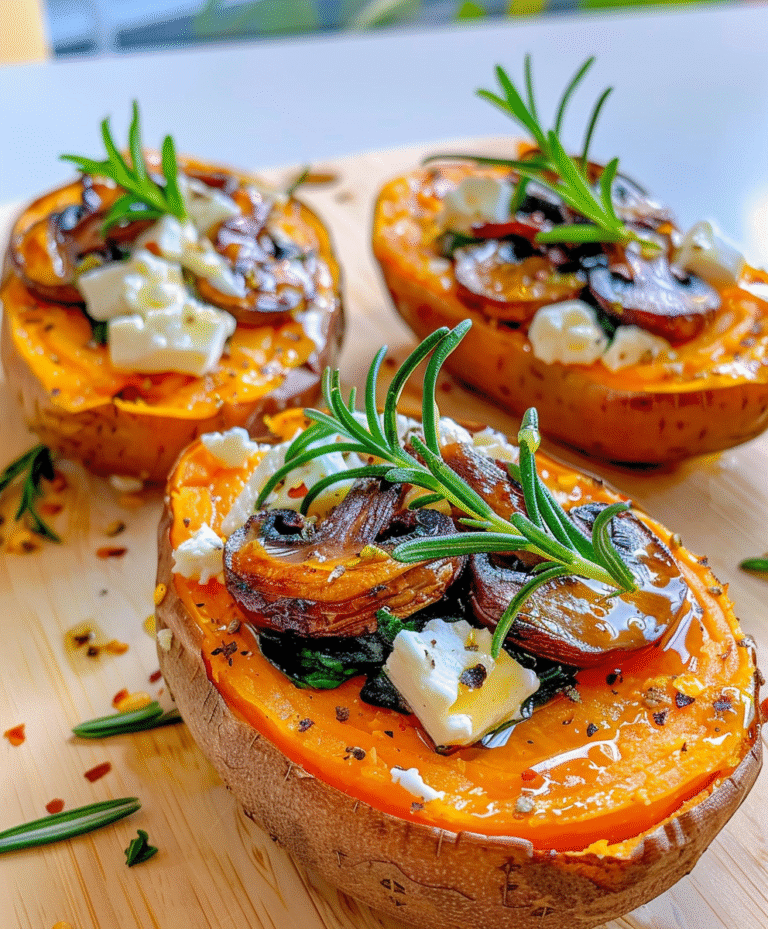 homemade sweet potatoes filled with spinach, mushrooms, feta and rosemary, topped with garlic lemon yogurt drizzle