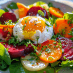 salad with roasted beets, carrots, and creamy burrata cheese on fresh greens