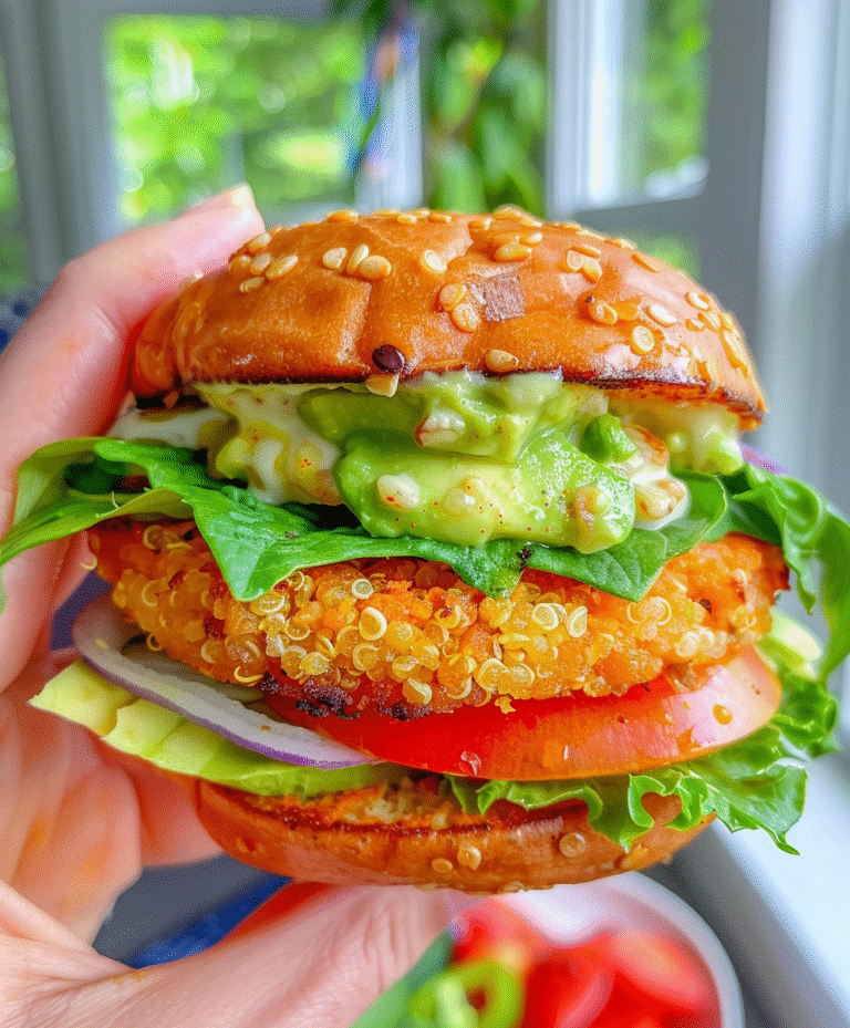 sweet potato quinoa burgers topped with creamy avocado ranch drizzle
